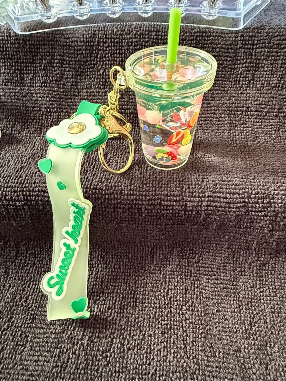 Green 'Sweet Heart' Silicone Wrist Keychain with Clear Drink Charm Keyring